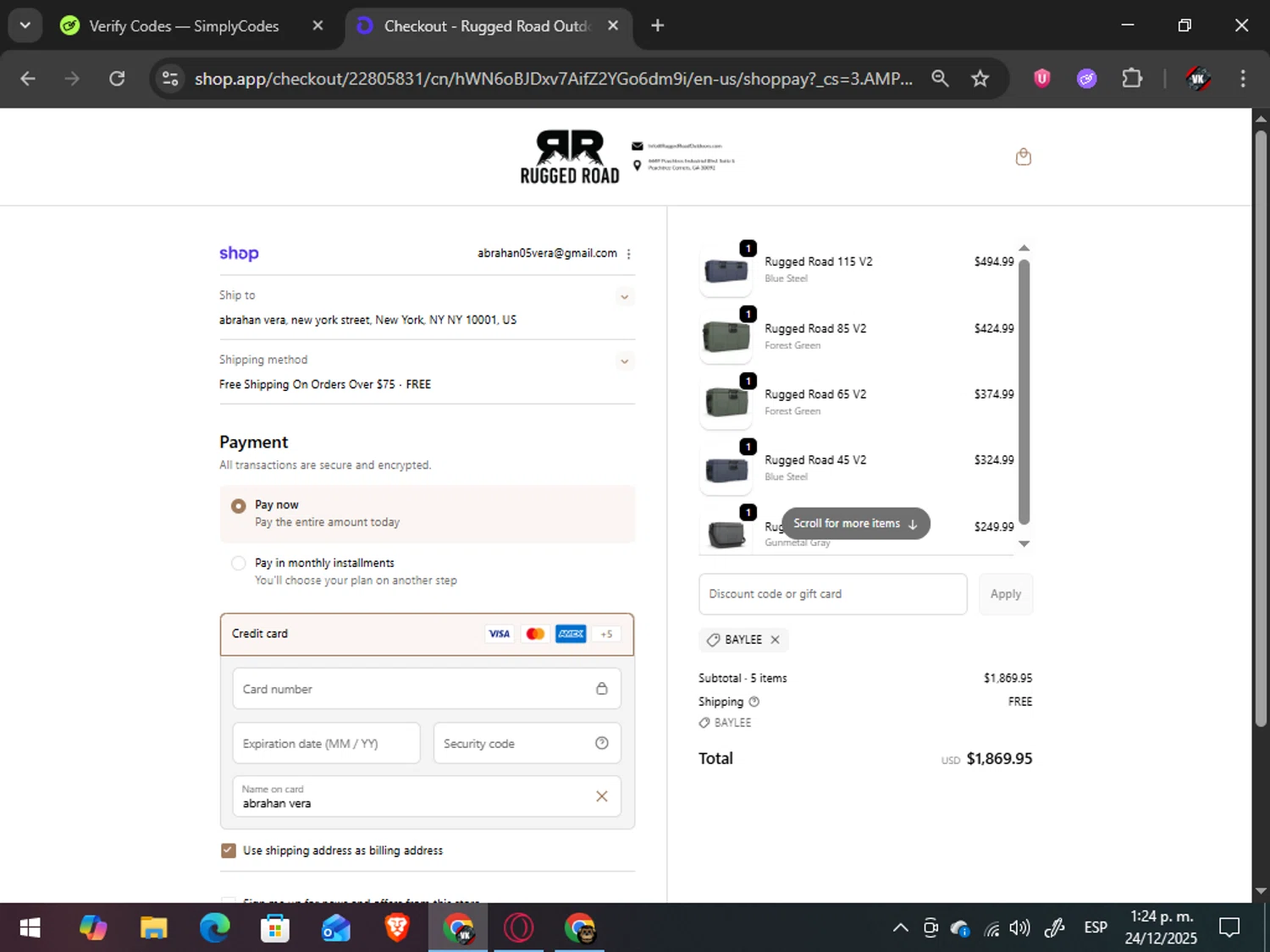 Rugged Road Outdoors discount code screenshot showing code Baylee applied at Rugged Road Outdoors checkout page. Uploaded by SimplyCodes community member TreasureAdmiral6867 on Dec 24, 2025