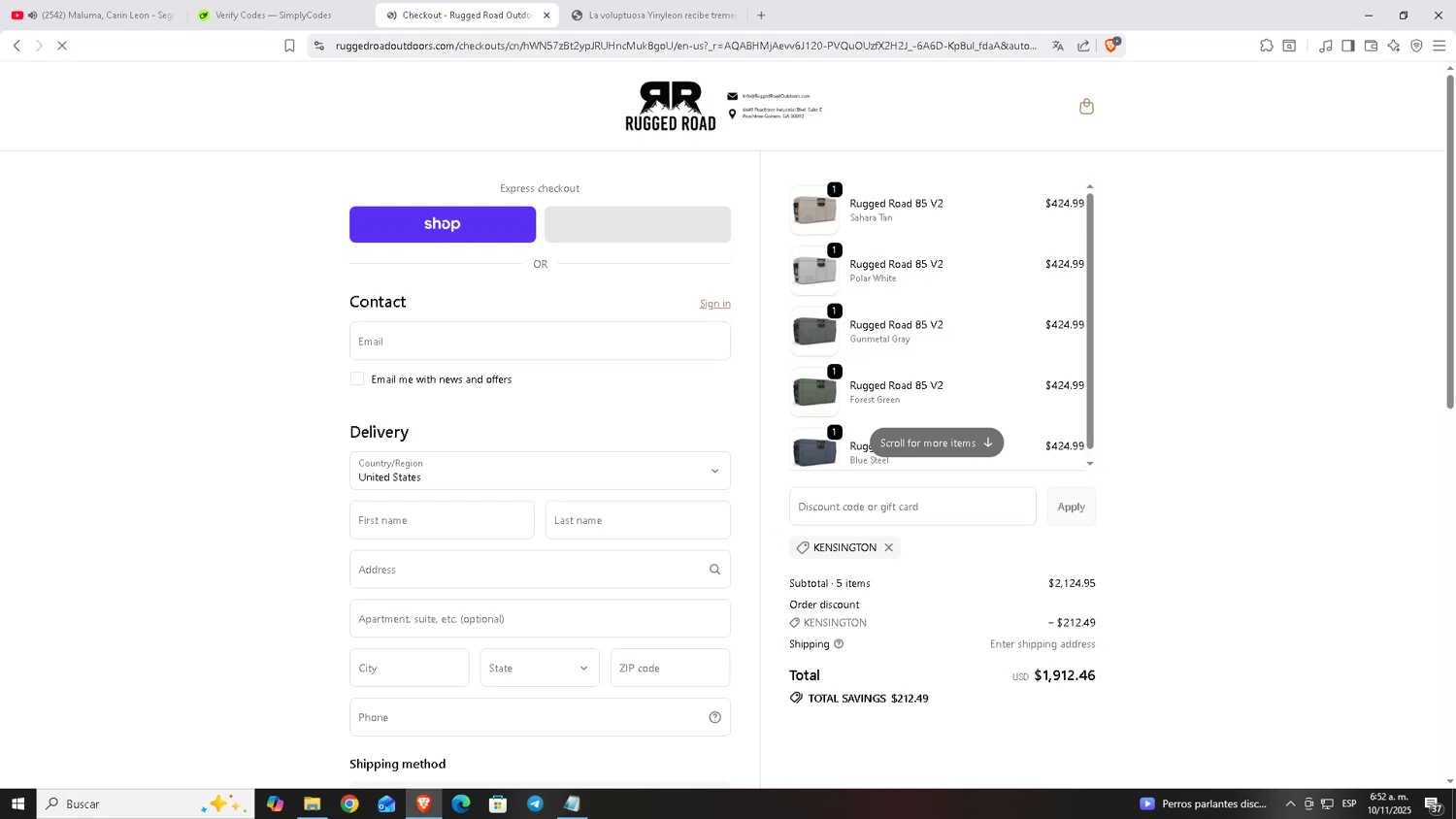 Rugged Road Outdoors discount code screenshot showing code KENSINGTON applied at Rugged Road Outdoors checkout page. Uploaded by SimplyCodes community member Carloscoder_900457733 on Nov 10, 2025