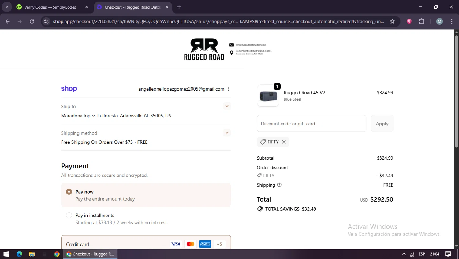 Rugged Road Outdoors discount code screenshot showing code FIFTY applied at Rugged Road Outdoors checkout page. Uploaded by SimplyCodes community member maraxo on Oct 11, 2025