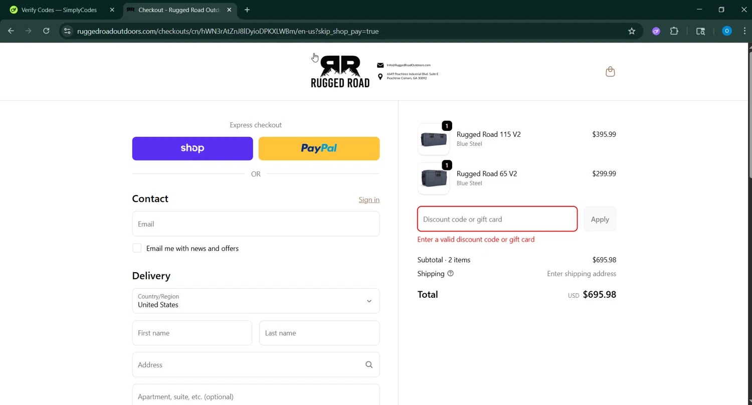 Rugged Road Outdoors discount code screenshot showing code TURCO applied at Rugged Road Outdoors checkout page. Uploaded by SimplyCodes community member GoldAdmiral5202 on Oct 7, 2025