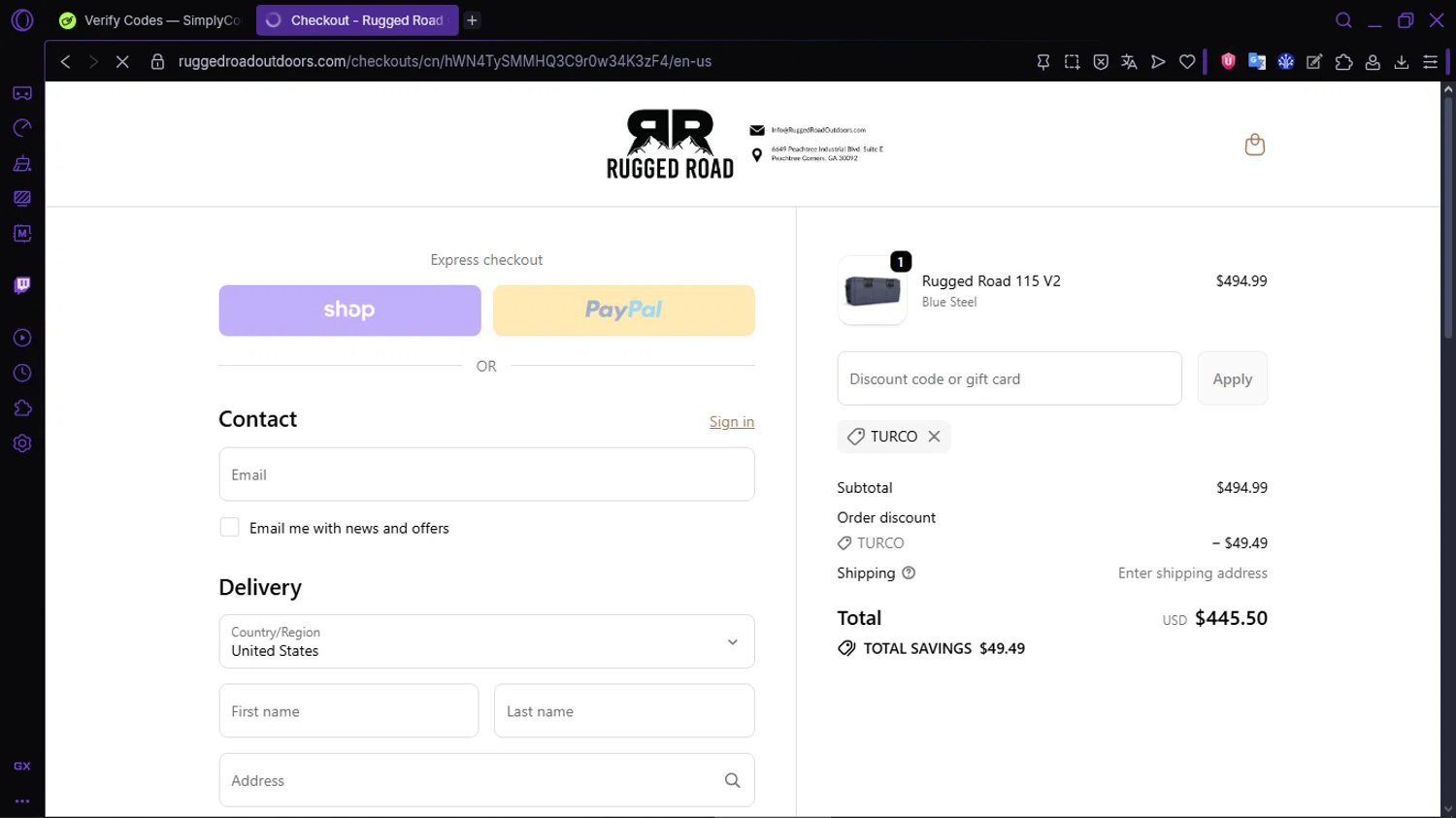 Rugged Road Outdoors discount code screenshot showing code TURCO applied at Rugged Road Outdoors checkout page. Uploaded by SimplyCodes community member RewardLion134 on Oct 24, 2025