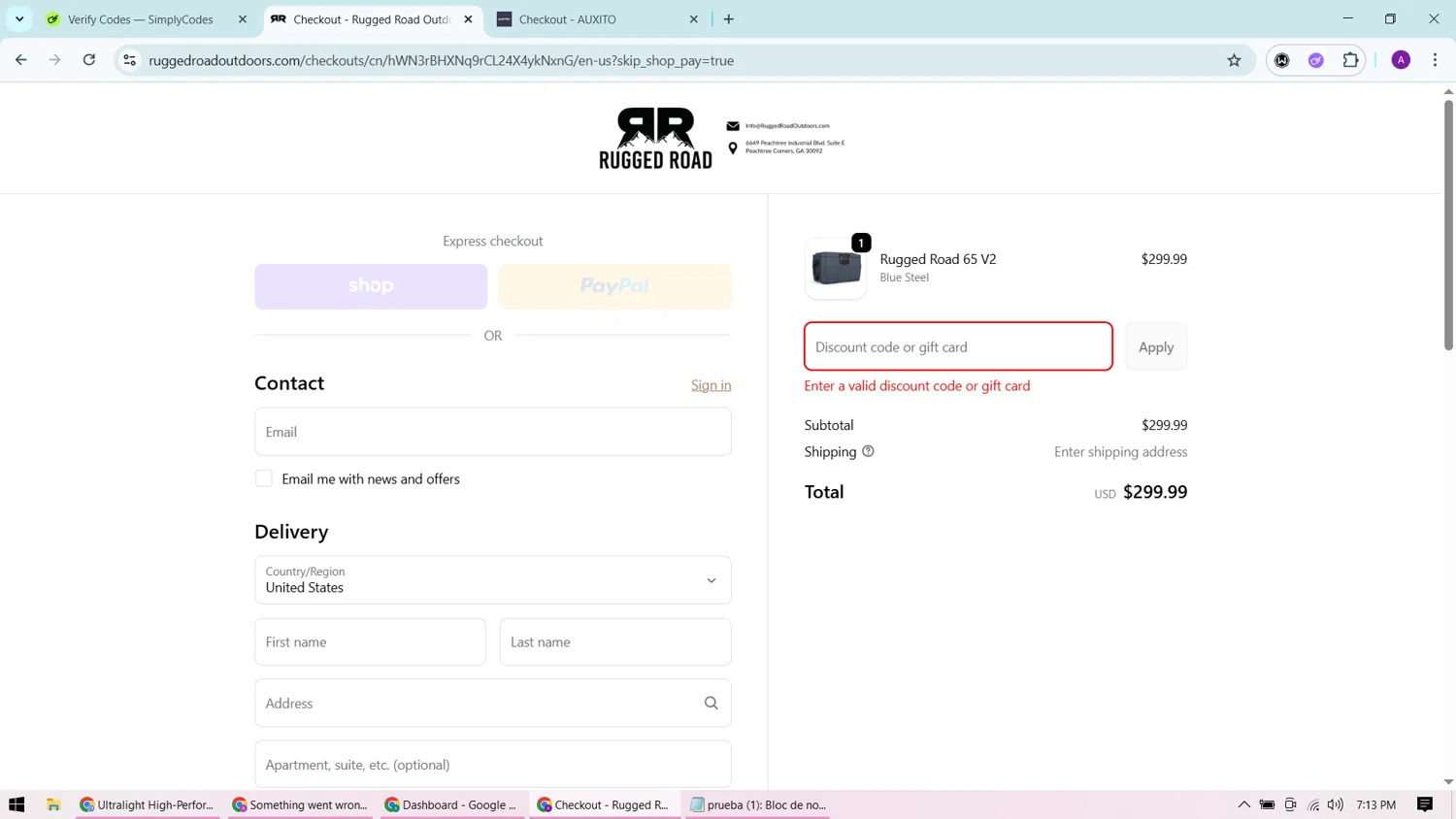 Rugged Road Outdoors discount code screenshot showing code PGF10 applied at Rugged Road Outdoors checkout page. Uploaded by SimplyCodes community member CashChaser7272 on Oct 7, 2025