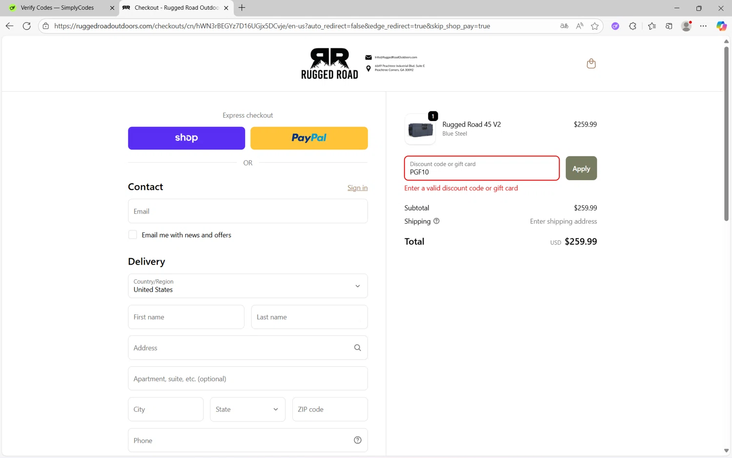 Rugged Road Outdoors discount code screenshot showing code PGF10 applied at Rugged Road Outdoors checkout page. Uploaded by SimplyCodes community member Yuyu12 on Oct 7, 2025
