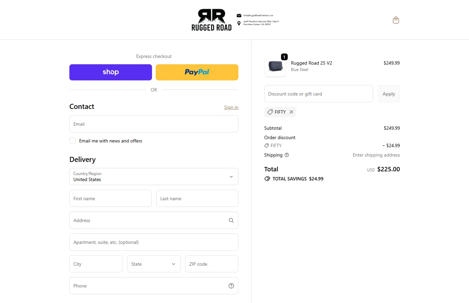 Rugged Road Outdoors discount code screenshot showing code FIFTY applied at Rugged Road Outdoors checkout page. Uploaded by SimplyCodes community member ivantorres on Oct 11, 2025