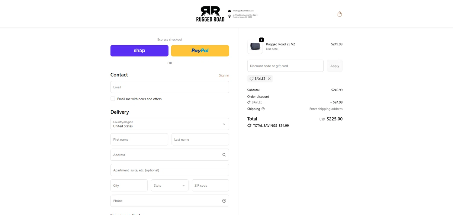 Rugged Road Outdoors discount code screenshot showing code BAYLEE applied at Rugged Road Outdoors checkout page. Uploaded by SimplyCodes community member ivantorres on Oct 10, 2025
