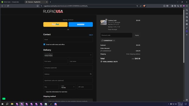 Rug Pad USA checkout page showing Rug Pad USA promo code box | Screenshot taken by SimplyCodes community member on Aug 12, 2025
