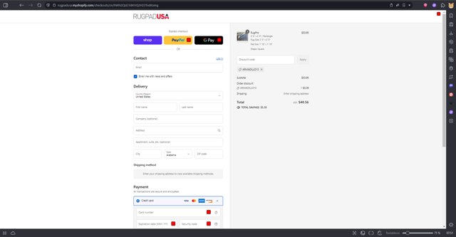 Rug Pad USA checkout page showing Rug Pad USA promo code box | Screenshot taken by SimplyCodes community member on Aug 31, 2025