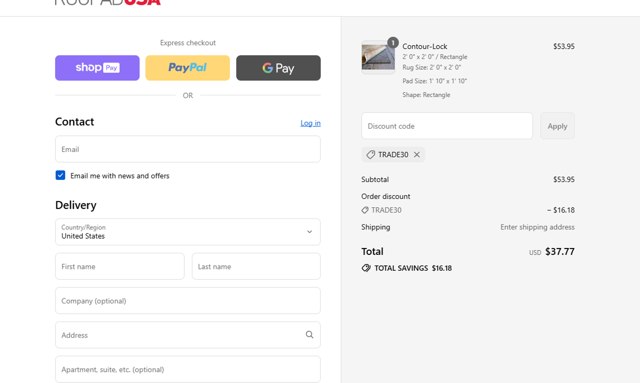 Rug Pad USA checkout page showing Rug Pad USA promo code box | Screenshot taken by SimplyCodes community member on Aug 18, 2025