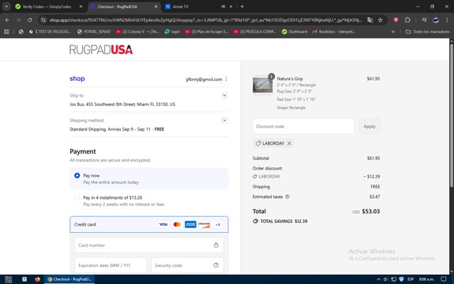 Rug Pad USA checkout page showing Rug Pad USA promo code box | Screenshot taken by SimplyCodes community member on Aug 29, 2025