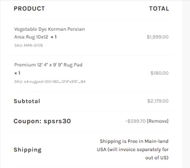 Rugsource checkout page showing Rugsource promo code box | Screenshot taken by SimplyCodes community member on May 15, 2025