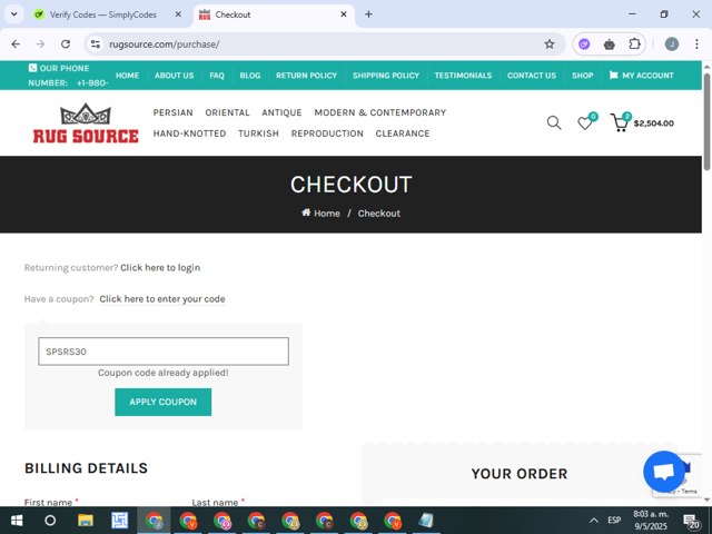 Rugsource checkout page showing Rugsource promo code box | Screenshot taken by SimplyCodes community member on May 9, 2025