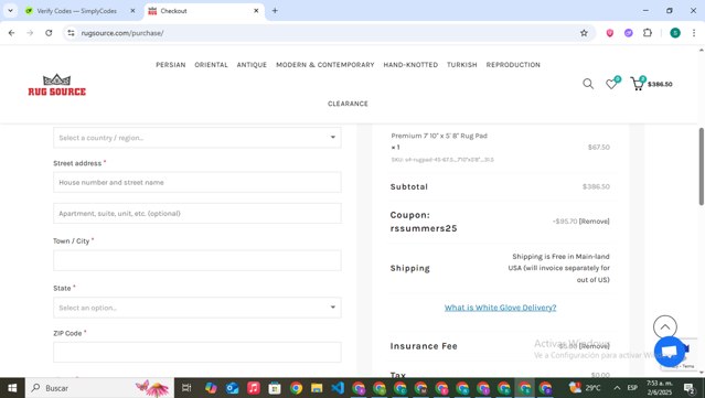 Rugsource checkout page showing Rugsource promo code box | Screenshot taken by SimplyCodes community member on Jun 2, 2025
