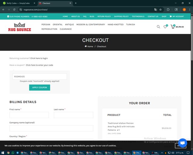 Rugsource checkout page showing Rugsource promo code box | Screenshot taken by SimplyCodes community member on Aug 23, 2025