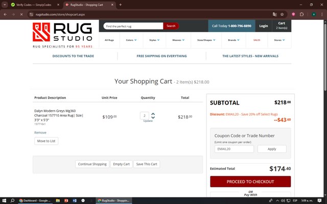 Rug Studio checkout page showing Rug Studio coupon code box | Screenshot taken by SimplyCodes community member on Jul 21, 2025