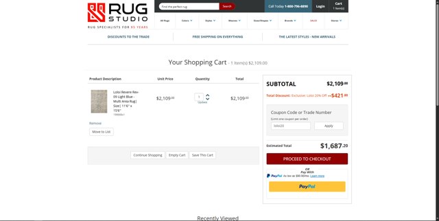 Rug Studio checkout page showing Rug Studio coupon code box | Screenshot taken by SimplyCodes community member on Jul 21, 2025