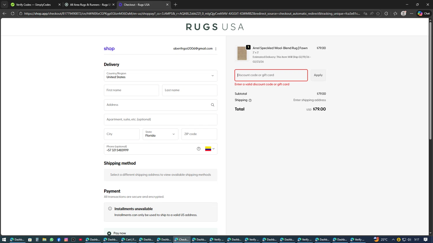 Rugs USA promo code screenshot showing code GET50 applied at Rugs USA checkout page. Uploaded by SimplyCodes community member AVATIGRITO on Feb 8, 2026