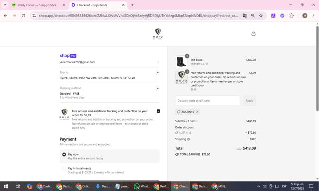 RUJO Boots checkout page showing RUJO Boots discount code box | Screenshot taken by SimplyCodes community member on Jul 13, 2025