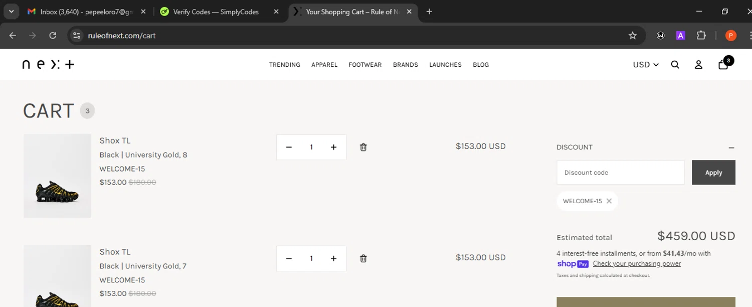 Rule of Next promo code screenshot showing code welcome-15 applied at Rule of Next checkout page. Uploaded by SimplyCodes community member Eminem on Oct 6, 2025