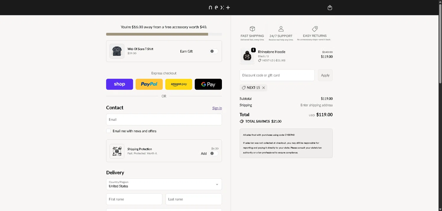 Rule of Next promo code screenshot showing code NEXT-15 applied at Rule of Next checkout page. Uploaded by SimplyCodes community member CleverLynx8583 on Dec 27, 2025
