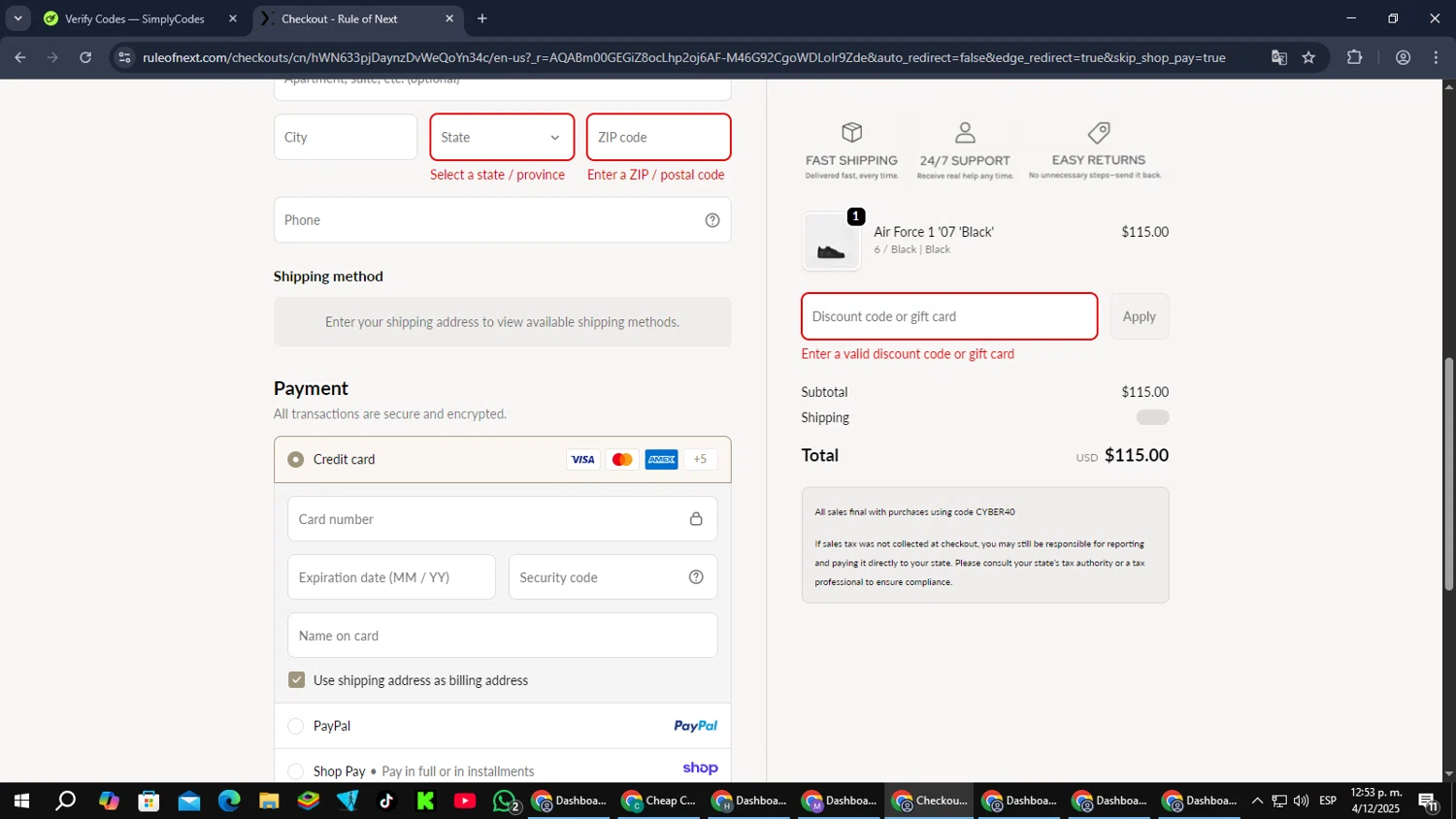Rule of Next promo code screenshot showing code CYBER40 applied at Rule of Next checkout page. Uploaded by SimplyCodes community member SmartMaverick5327 on Dec 4, 2025