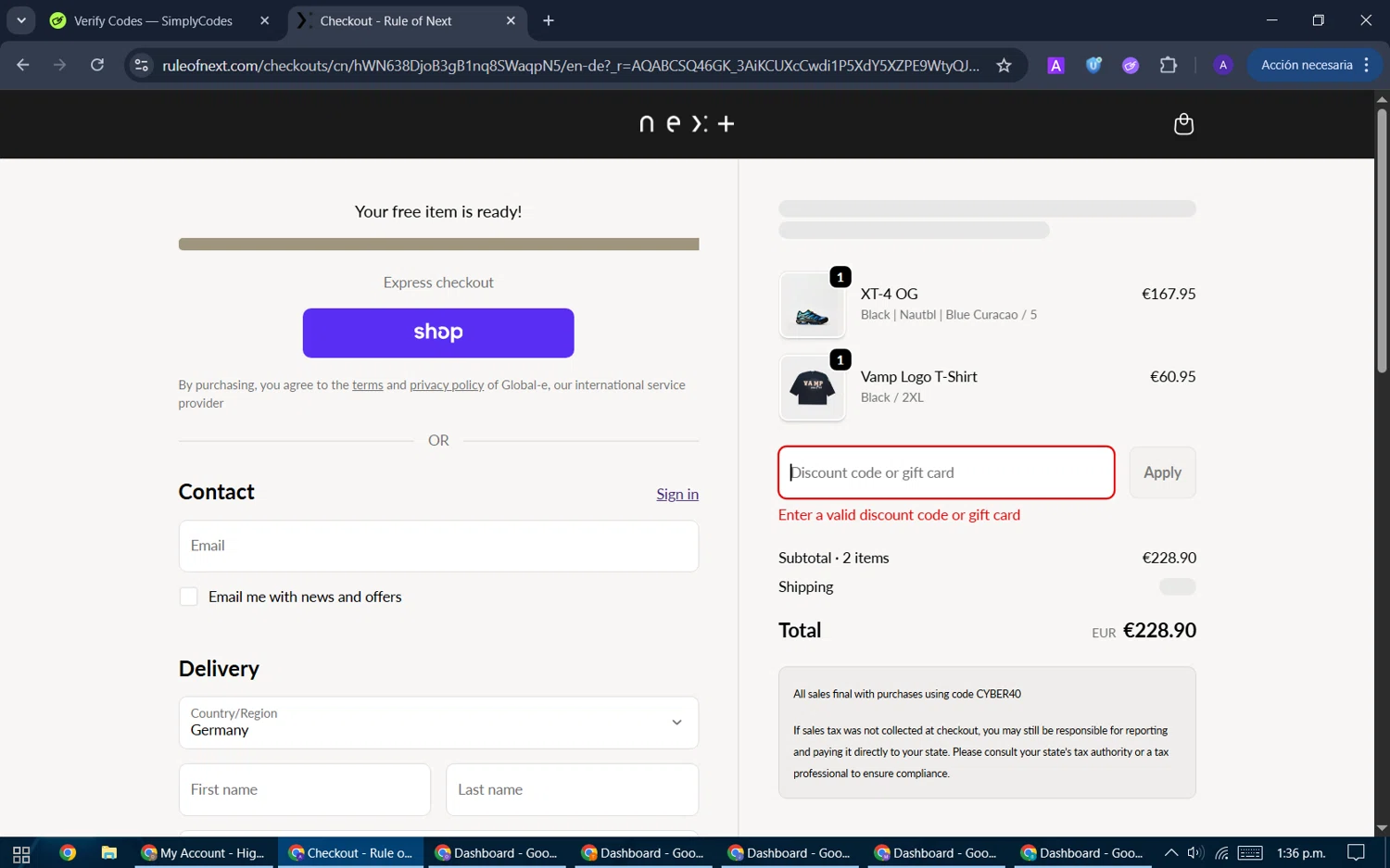 Rule of Next promo code screenshot showing code CYBER40 applied at Rule of Next checkout page. Uploaded by SimplyCodes community member ThriftySentinel2853 on Dec 4, 2025