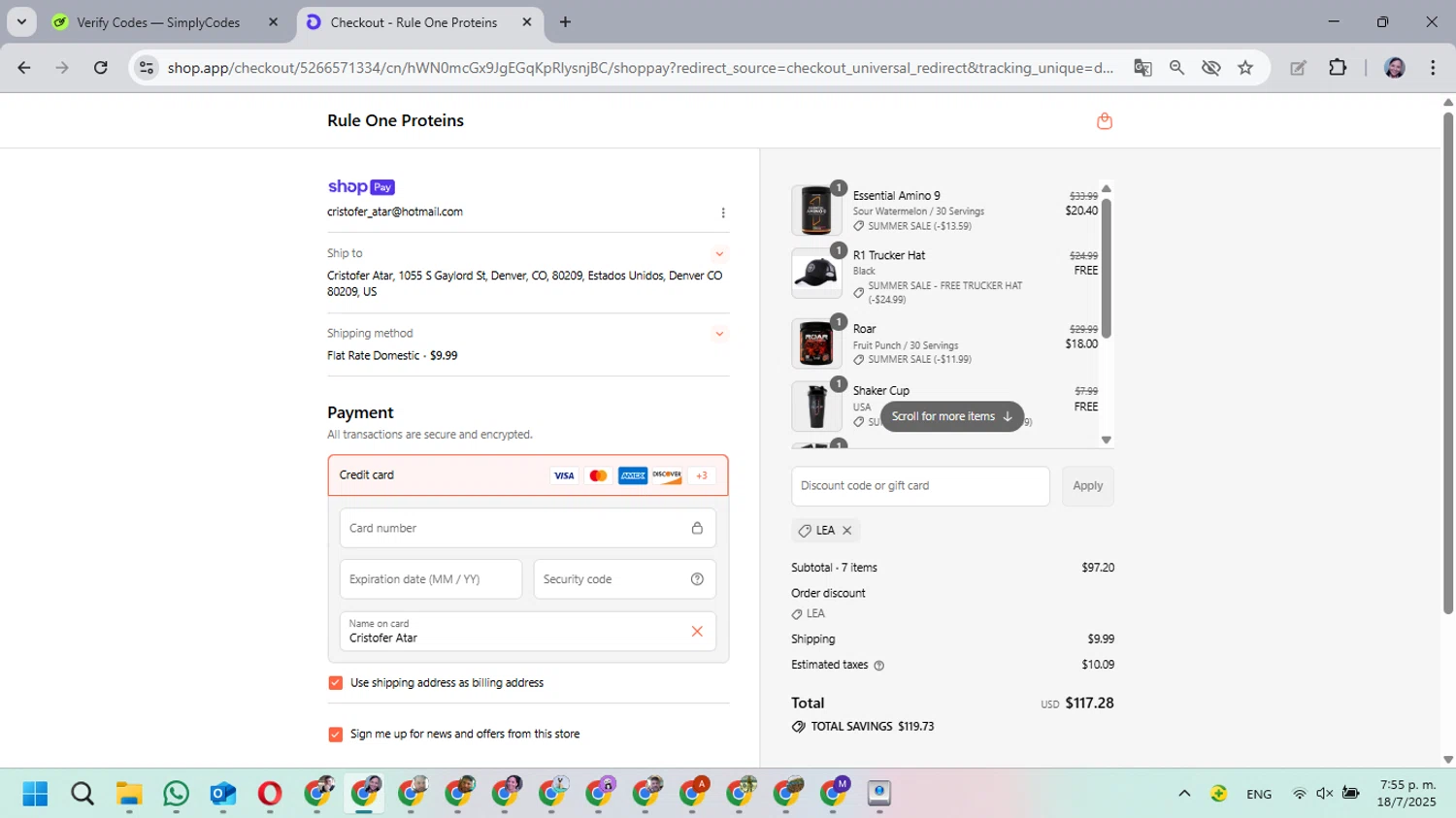 Rule One Proteins promo code screenshot showing code LEA applied at Rule One Proteins checkout page. Uploaded by SimplyCodes community member MarielisPb on Jul 18, 2025