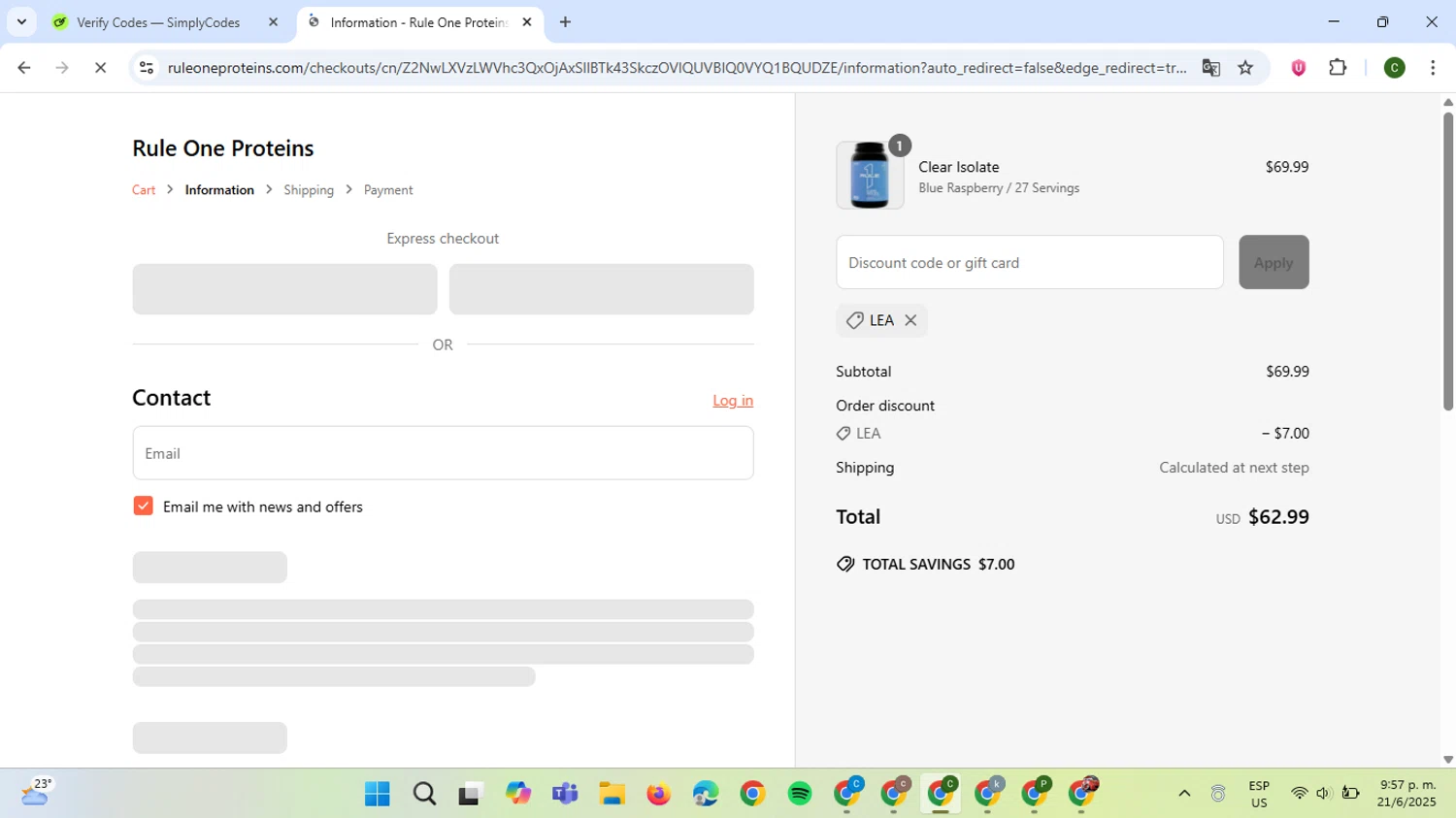Rule One Proteins promo code screenshot showing code LEA applied at Rule One Proteins checkout page. Uploaded by SimplyCodes community member VoucherBoss6971 on Jun 22, 2025
