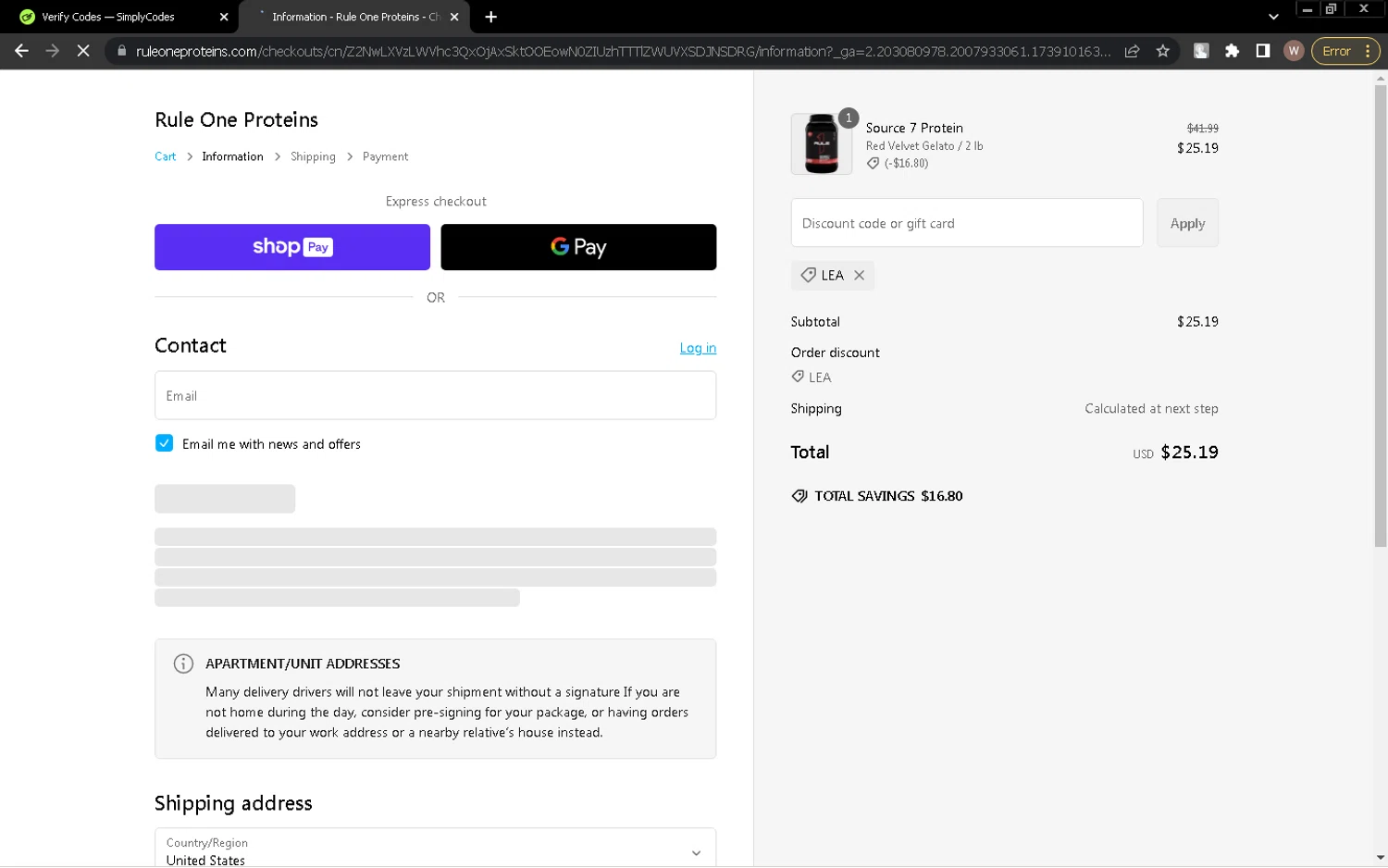 Rule One Proteins promo code screenshot showing code LEA applied at Rule One Proteins checkout page. Uploaded by SimplyCodes community member wilfredocolina on Feb 9, 2025