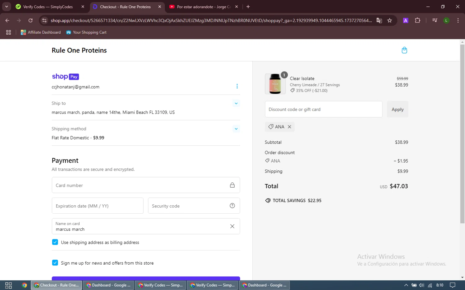 Rule One Proteins promo code screenshot showing code ANA applied at Rule One Proteins checkout page. Uploaded by SimplyCodes community member VictoriousAdmiral801 on Jan 19, 2025