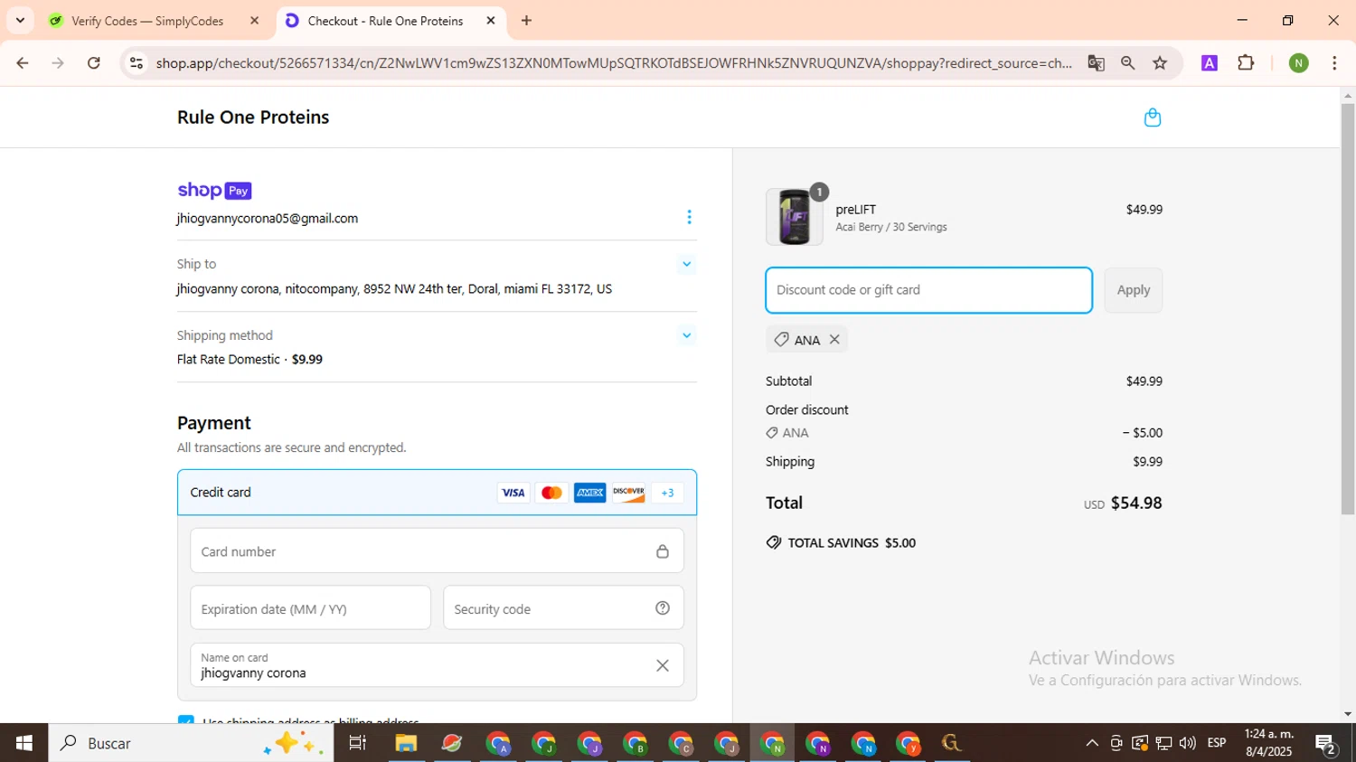 Rule One Proteins promo code screenshot showing code ANA applied at Rule One Proteins checkout page. Uploaded by SimplyCodes community member TokenMaverick6956 on Apr 8, 2025