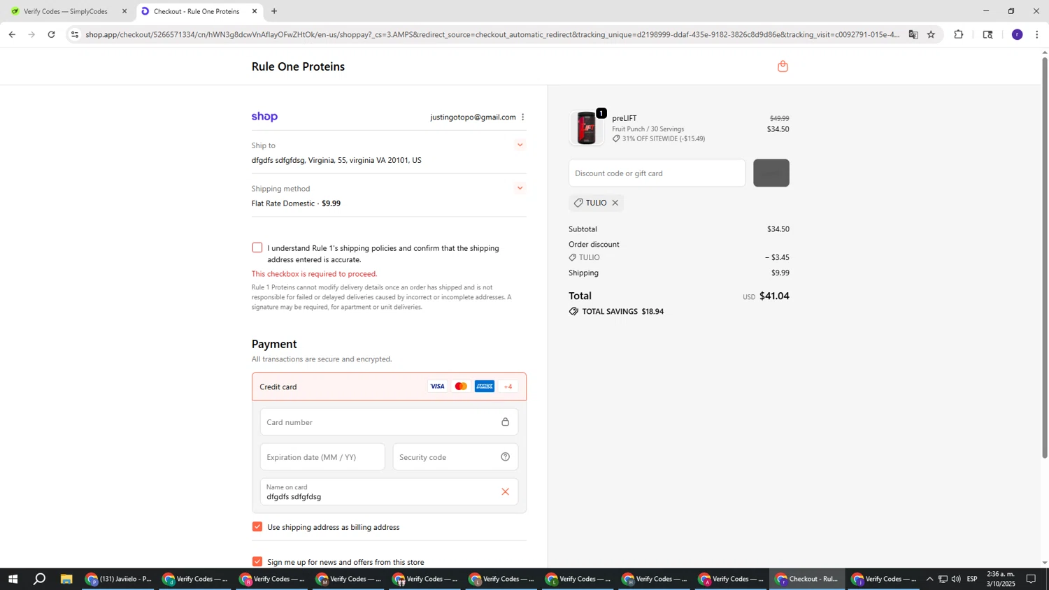 Rule One Proteins promo code screenshot showing code TULIO applied at Rule One Proteins checkout page. Uploaded by SimplyCodes community member AberthGotopo on Oct 3, 2025
