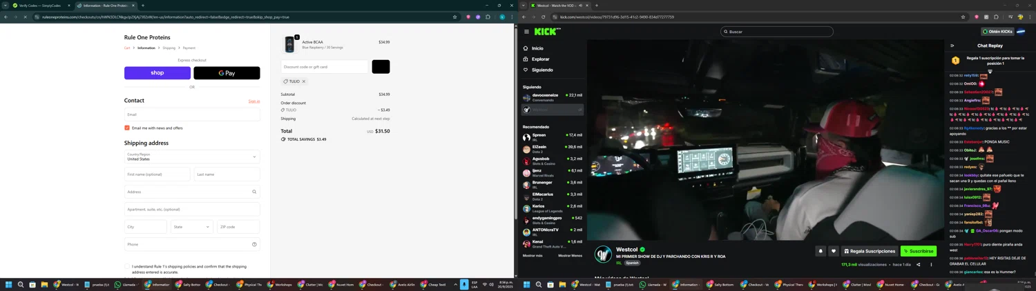 Rule One Proteins promo code screenshot showing code TULIO applied at Rule One Proteins checkout page. Uploaded by SimplyCodes community member RewardKnight9989 on Sep 21, 2025