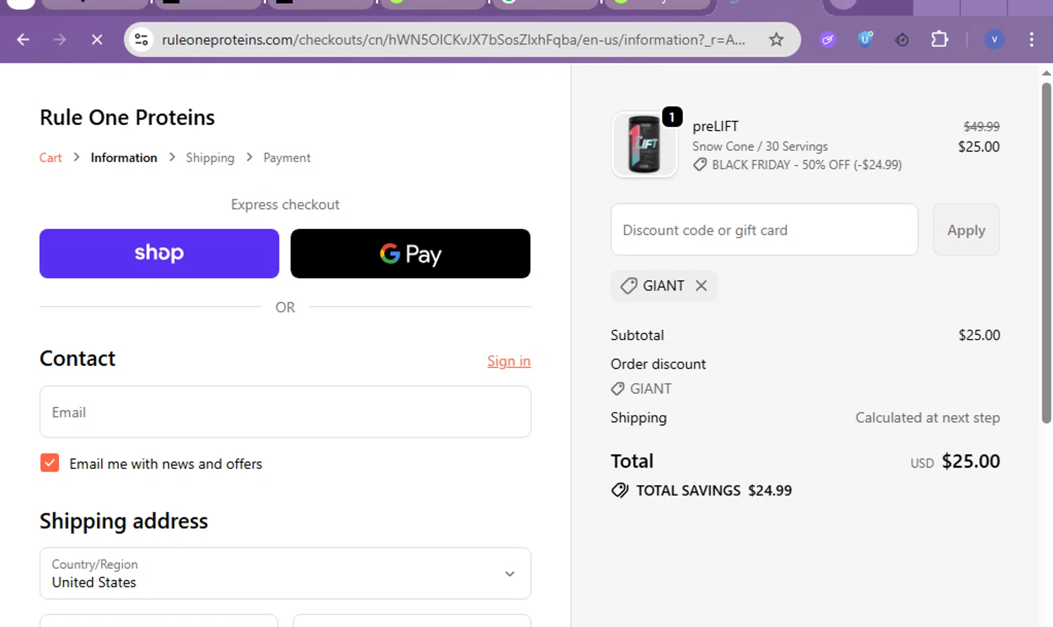 Rule One Proteins promo code screenshot showing code GIANT applied at Rule One Proteins checkout page. Uploaded by SimplyCodes community member beatrizcastillo on Nov 17, 2025