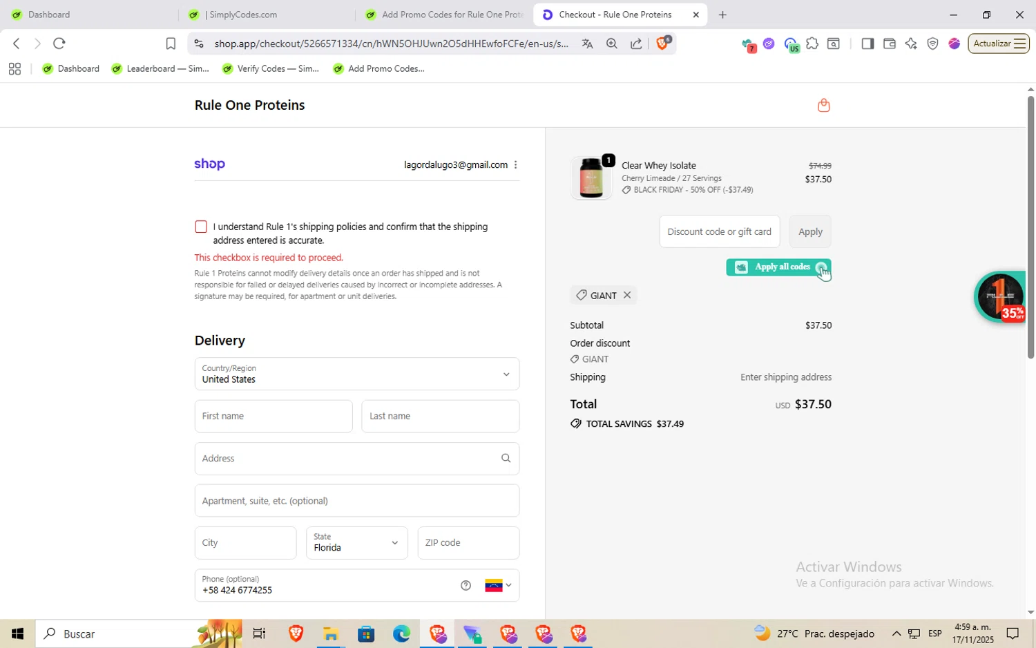 Rule One Proteins promo code screenshot showing code GIANT applied at Rule One Proteins checkout page. Uploaded by SimplyCodes community member Rayyyyyy on Nov 17, 2025