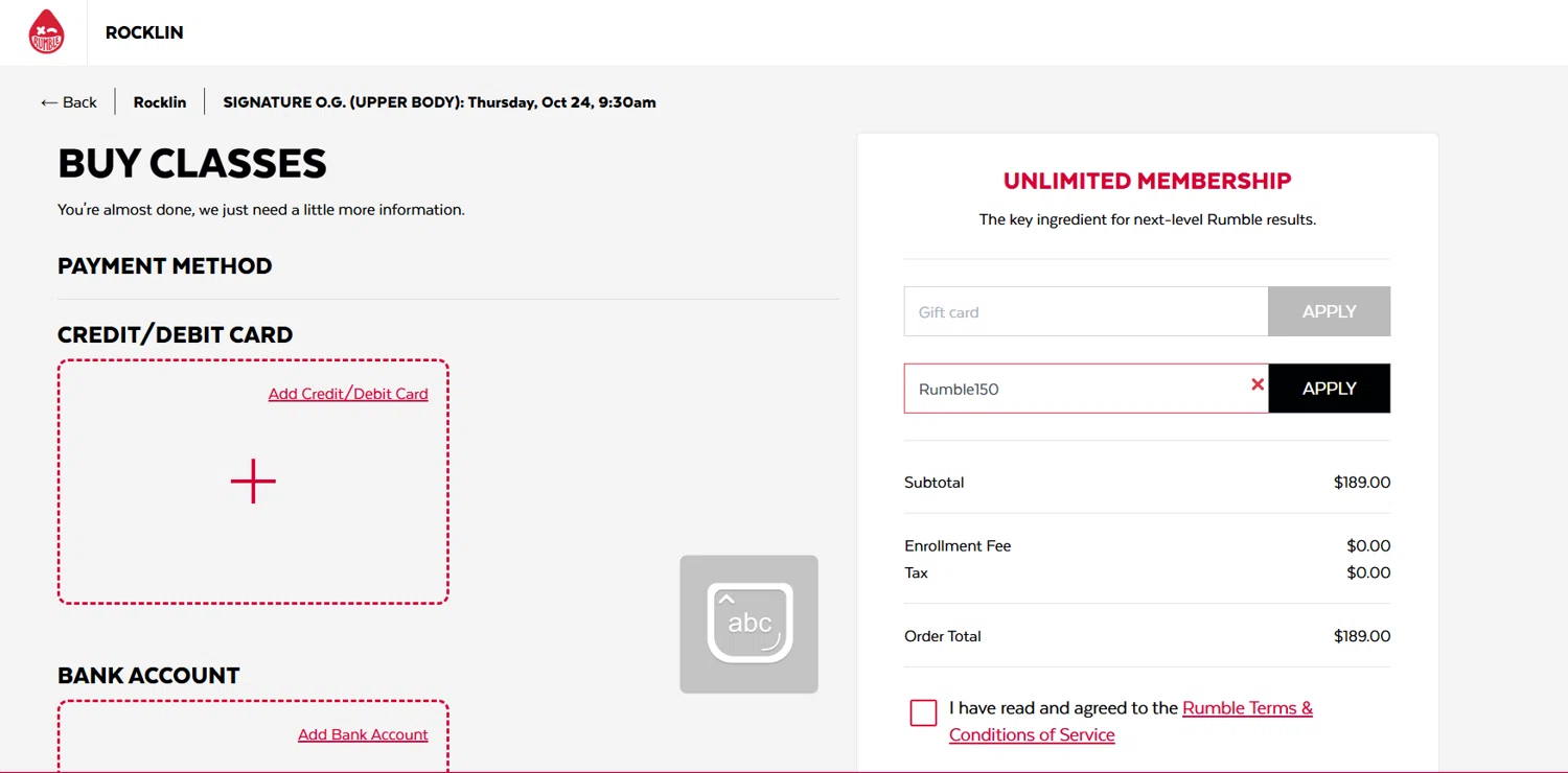 Rumble promo code screenshot showing code Rumble150 applied at Rumble checkout page. Uploaded by SimplyCodes community member ArizaJuan on Jan 25, 2025