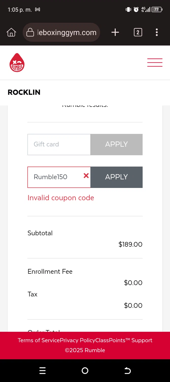 Rumble promo code screenshot showing code Rumble150 applied at Rumble checkout page. Uploaded by SimplyCodes community member Usuario_simply on Feb 27, 2025