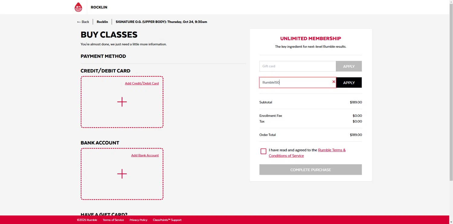 Rumble promo code screenshot showing code Rumble150 applied at Rumble checkout page. Uploaded by SimplyCodes community member BonusCollector7885 on Jan 25, 2025