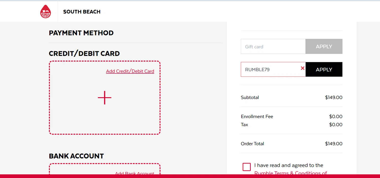 Rumble promo code screenshot showing code RUMBLE79 applied at Rumble checkout page. Uploaded by SimplyCodes community member ______________________________ on Feb 19, 2025