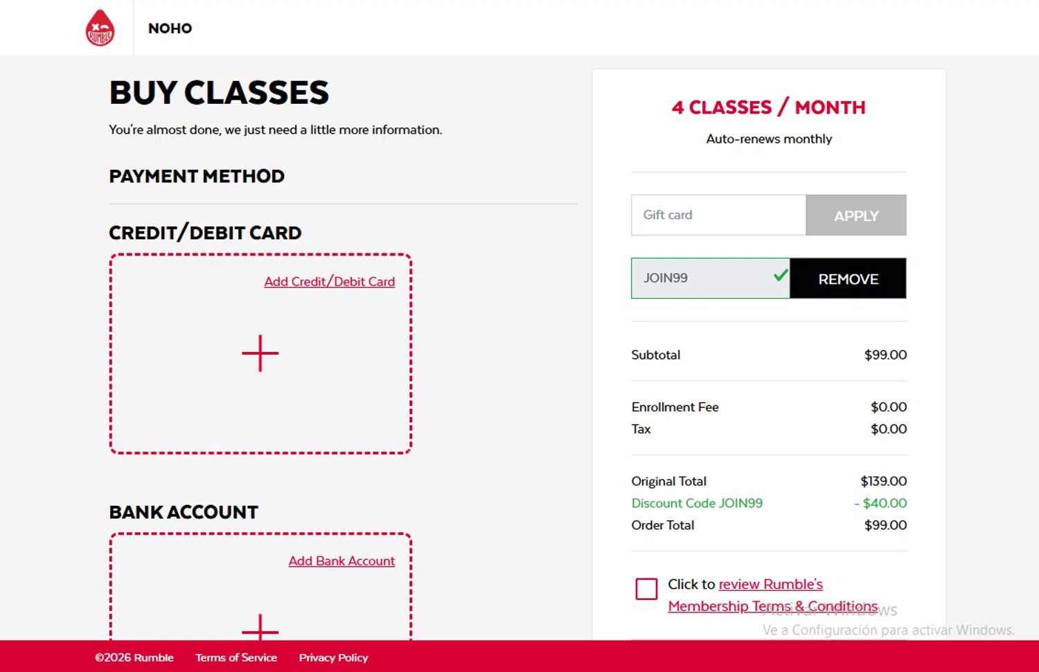 Rumble promo code screenshot showing code JOIN99 applied at Rumble checkout page. Uploaded by SimplyCodes community member cthaeh on Feb 6, 2026