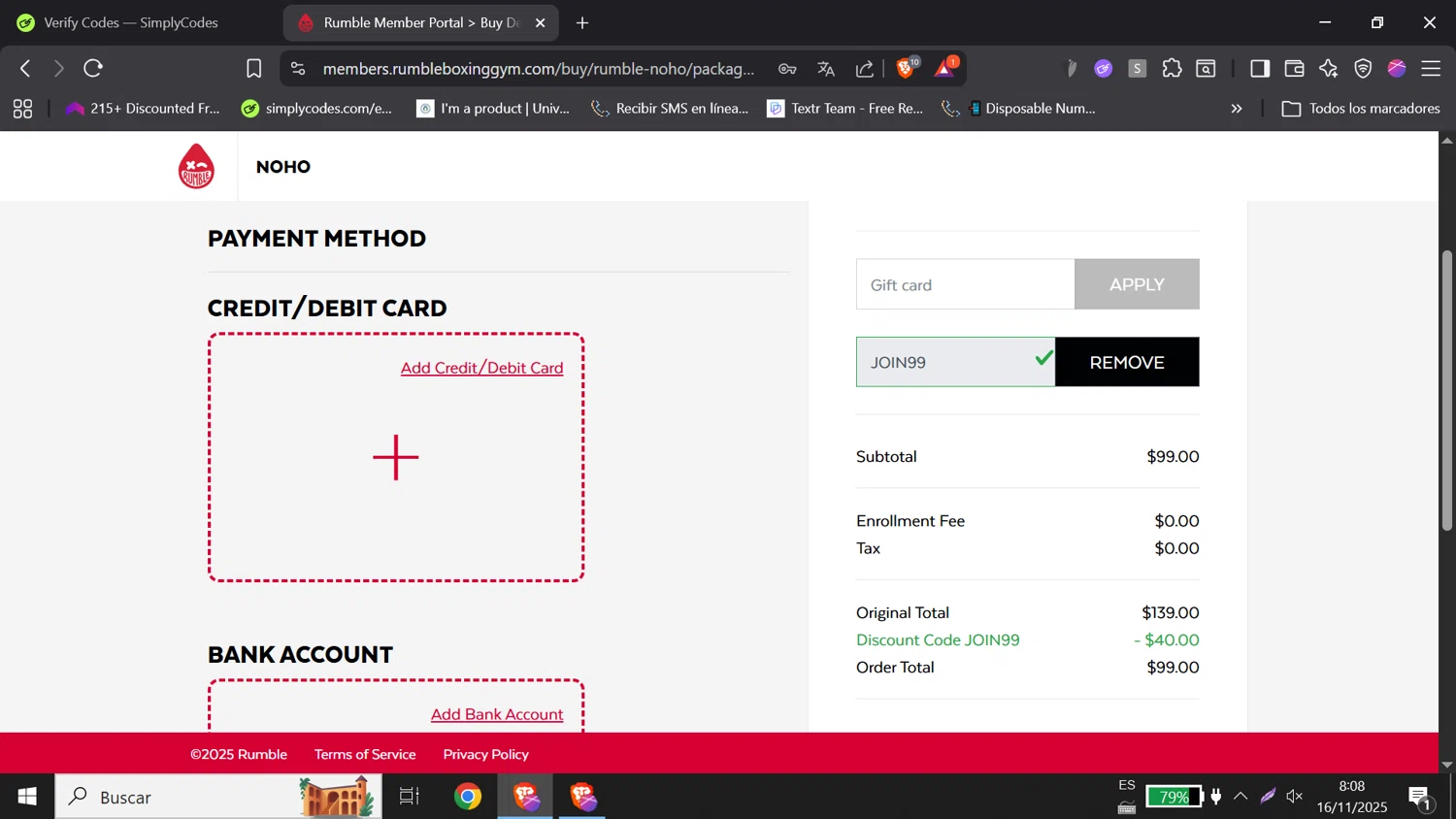 Rumble promo code screenshot showing code JOIN99 applied at Rumble checkout page. Uploaded by SimplyCodes community member DORIANGEL on Nov 16, 2025