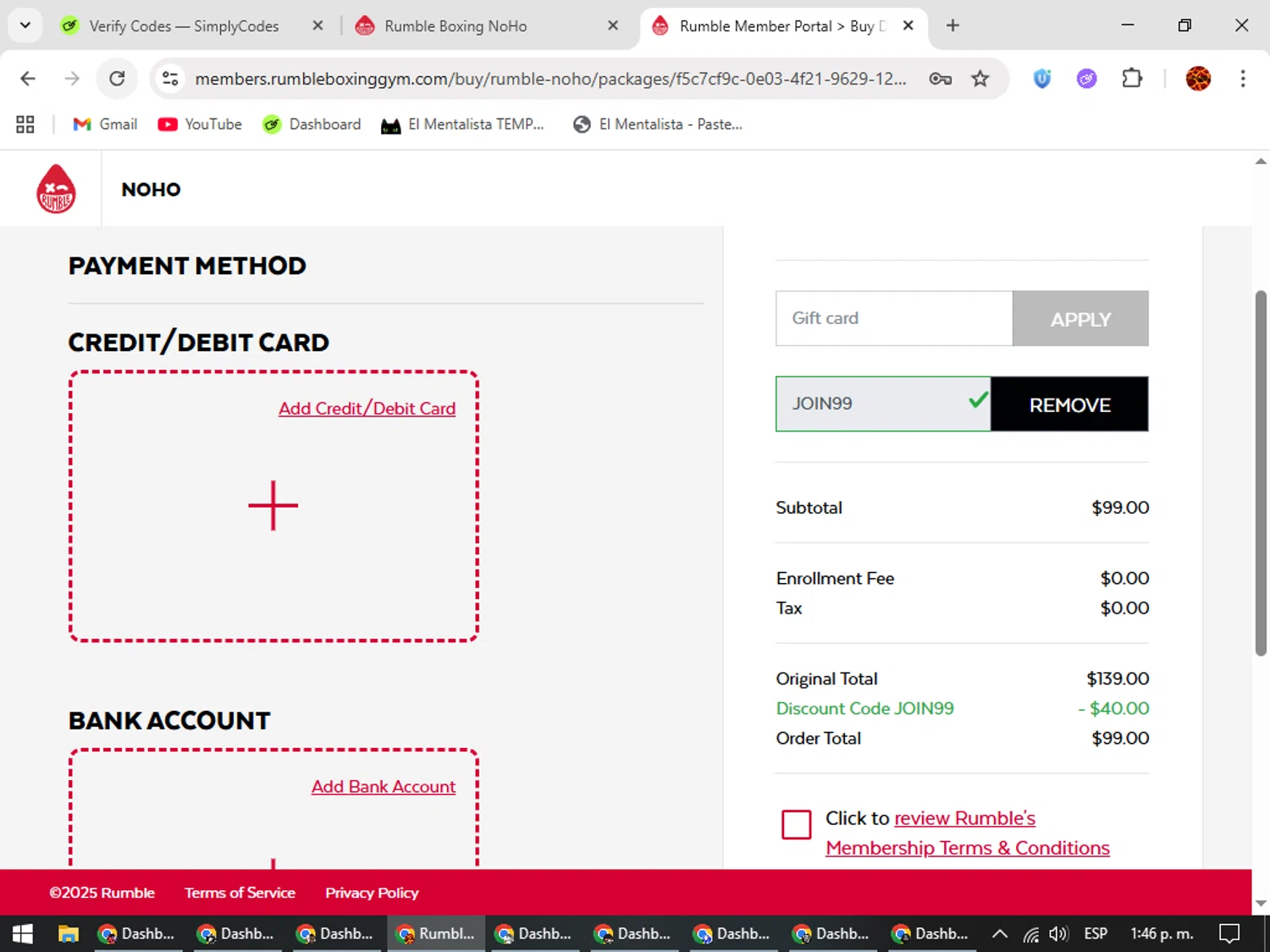 Rumble promo code screenshot showing code JOIN99 applied at Rumble checkout page. Uploaded by SimplyCodes community member Rodolfo on Oct 18, 2025