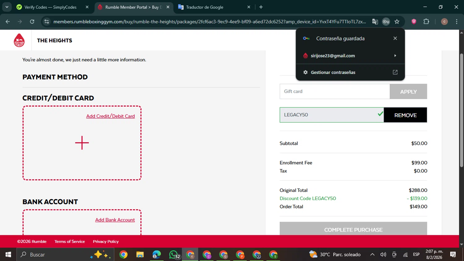 Rumble promo code screenshot showing code LEGACY50 applied at Rumble checkout page. Uploaded by SimplyCodes community member NobleExpert6497 on Feb 8, 2026
