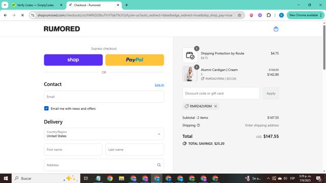 Rumored checkout page showing Rumored discount code box | Screenshot taken by SimplyCodes community member on Sep 7, 2025