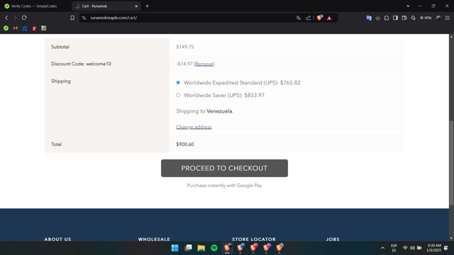 Runamok Maple checkout page showing Runamok Maple discount code box | Screenshot taken by SimplyCodes community member on Jan 9, 2025