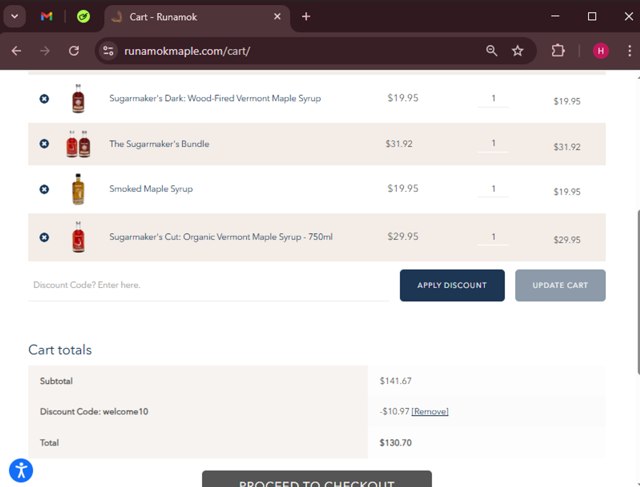 Runamok Maple checkout page showing Runamok Maple discount code box | Screenshot taken by SimplyCodes community member on Mar 22, 2025
