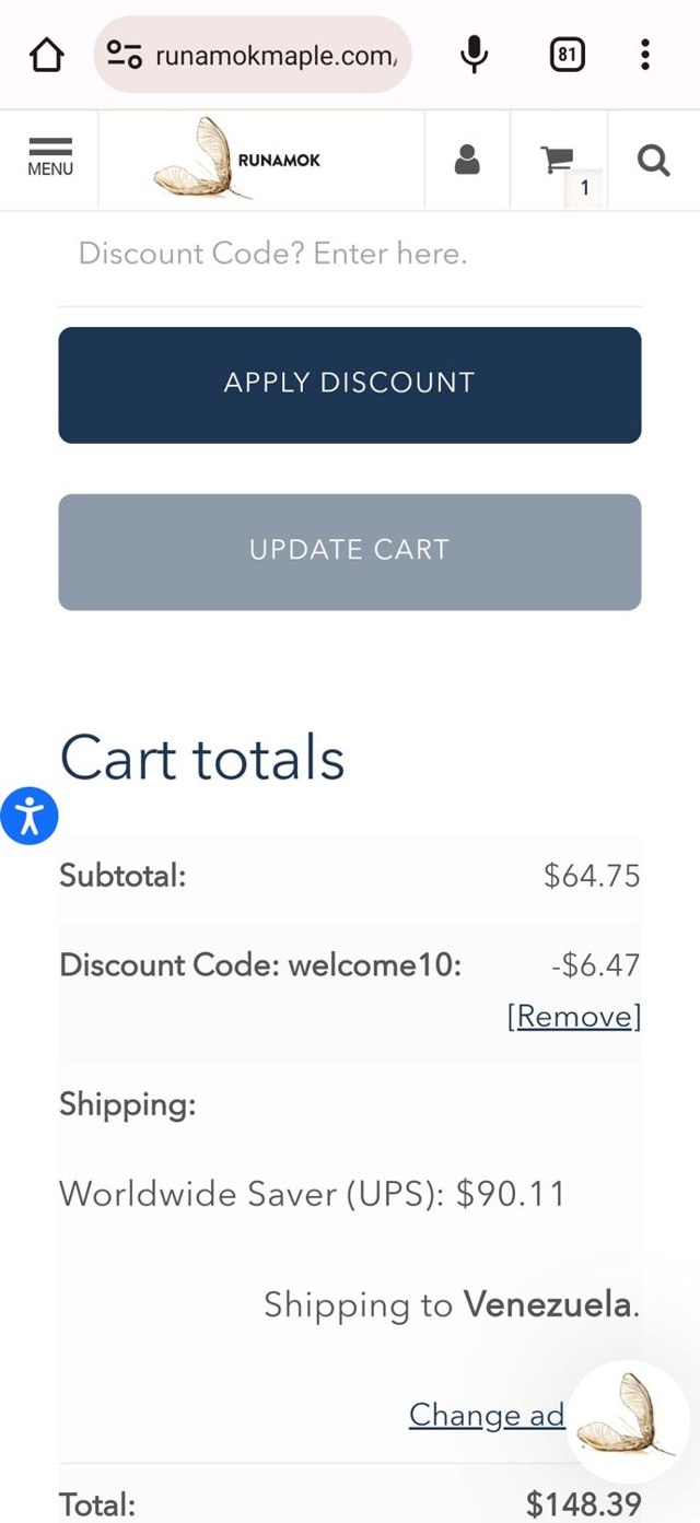 Runamok Maple checkout page showing Runamok Maple discount code box | Screenshot taken by SimplyCodes community member on Oct 14, 2023