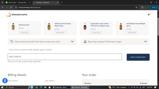 Runamok Maple checkout page showing Runamok Maple discount code box | Screenshot taken by SimplyCodes community member on Mar 22, 2025