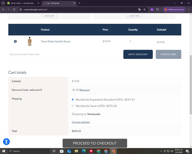 Runamok Maple checkout page showing Runamok Maple discount code box | Screenshot taken by SimplyCodes community member on Jan 9, 2025