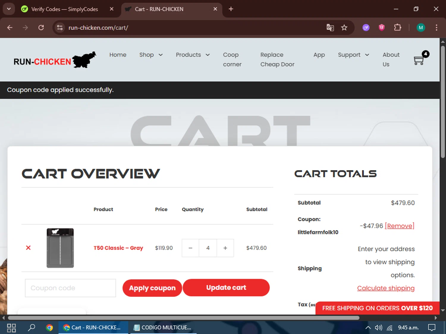 RUN-CHICKEN checkout page showing RUN-CHICKEN promo code box | Screenshot taken by SimplyCodes community member on Nov 30, 2025