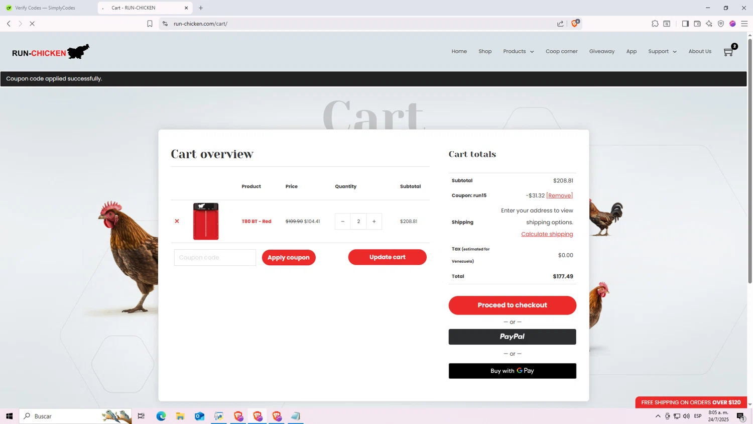 RUN-CHICKEN promo code screenshot showing code RUN15 applied at RUN-CHICKEN checkout page. Uploaded by SimplyCodes community member Nezukooo on Jul 24, 2025